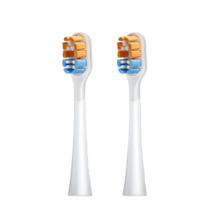 Two toothbrush heads with colorful bristle patterns on a light gray background