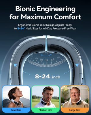AICE Lite Max wearable neck air conditioner with bionic engineering, ergonomic design fits 8-24 inch neck sizes for all-day comfort
