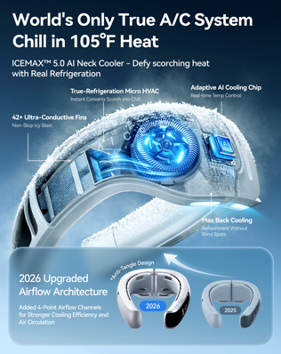 AICE Lite Max world's only true A/C neck fan, ICEMAX 5.0 AI neck cooler, 2026 upgraded airflow architecture for stronger cooling